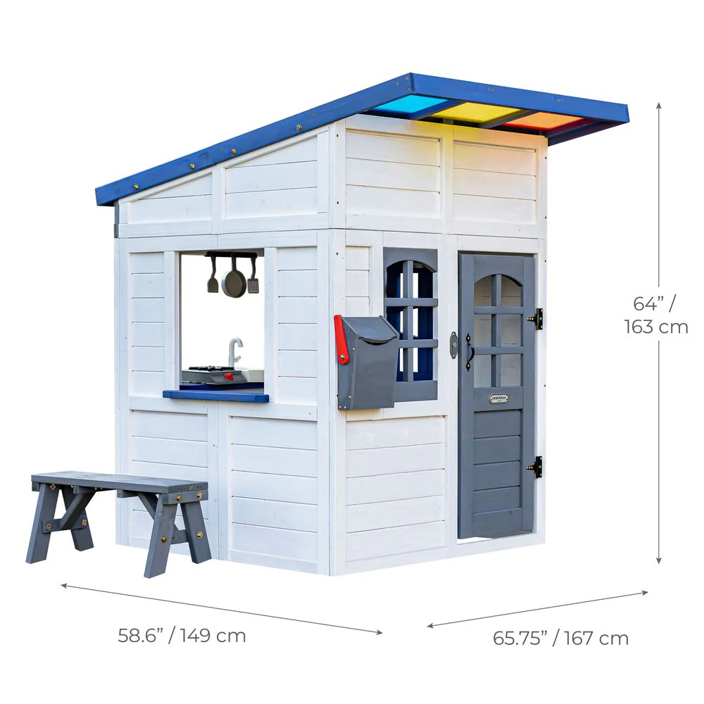Rainbow Shade Wooden Playhouse with Kitchen, Flower Box & Bench - White - Image 10